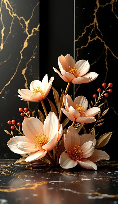 Create abstract realistic 3d flowers with golden elements on an elegant marble background wallpaper with black and gold background