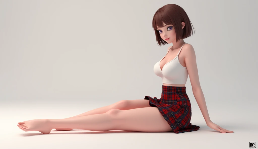  high resolution ,  Masterpiece,  Precise,  Anatomically correct,  The Best Quality , Detail, Details altos,  HIGH QUALITY,  full body,  white skin ,  short hair,  brown hair ,  big breasts, smile,  violet eyes costume,  Feet out of frame ,  sitting on the...