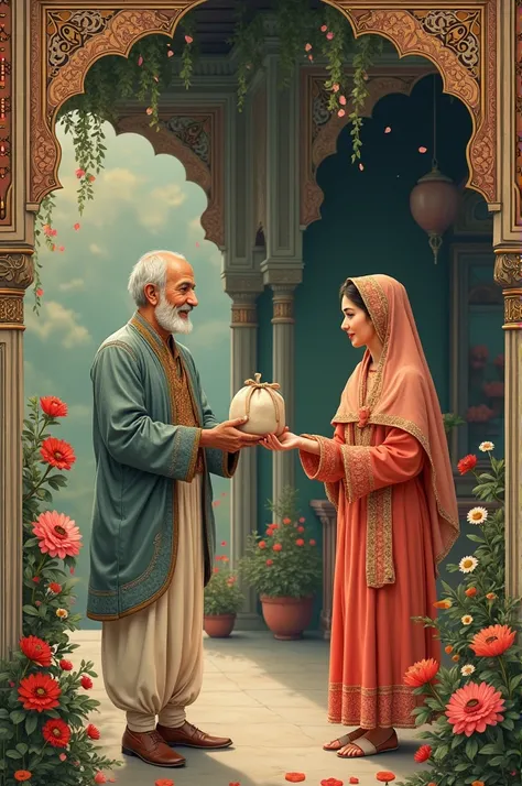 An image of an old man giving a woman a bag of seeds in an old flower shop in old style mughal minature paintings
The essence of mughal minature pintings shud be visible