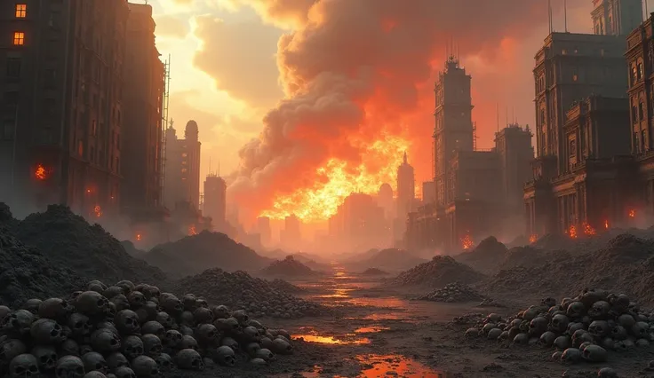  HIGH QUALITY, 8K ultra HD, City of Warhammer 40000 destroyed without life , skulls on the ground in the distance with fire and ash across the landscape and a firestorm in the sky