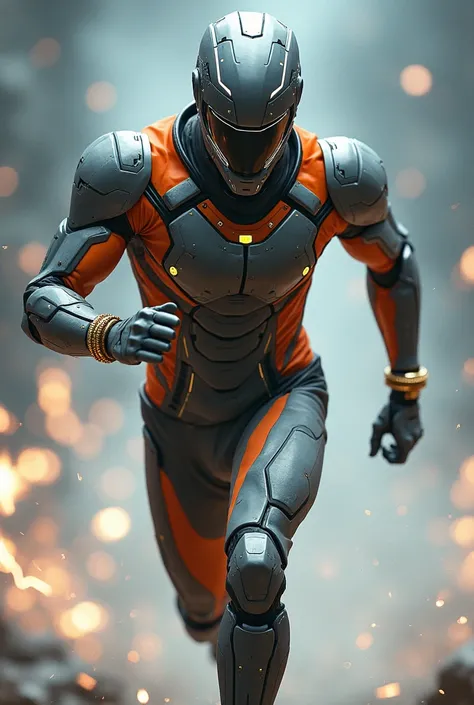  A male sprinter character wearing a gray and orange armor suit, featuring metallic details , covering her face ,  armor suit and with details of thunder in the area of the ears and emanating small rays while running. On his wrists are gold bracelets .