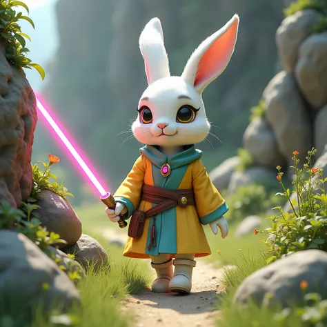  Rabbit with a female humanoid body . of average height.  She wears gold earrings with a pink gem on her ears .  She wears yellow and cyan Jedi robes . She wears white boots .  She wears a single-blade light sabre in pink .  She is walking along a path of ...