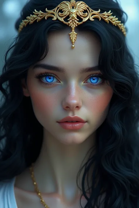 blue eye, Reflecting a Golden, Phoenix ,  woman with long wavy black hair, with a golden tiara 