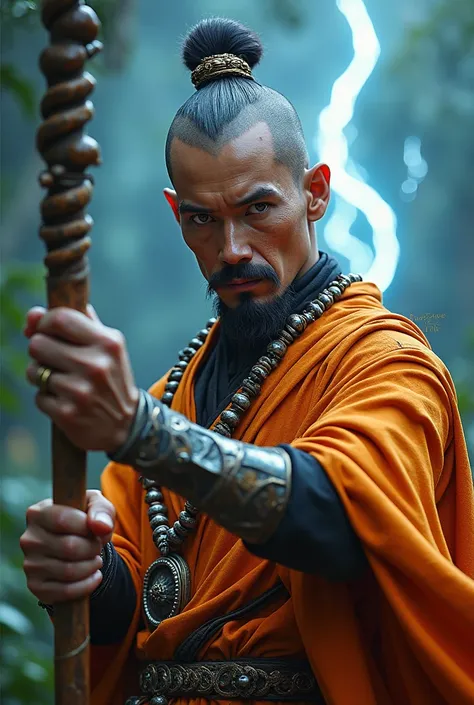 A warrior monk with beads around his neck ,  holding a magic staff of ice and lightning in a combat posture,  beautiful detailed eyes,  beautiful detailed lips ,  extremely detailed eyes and face,  Long eyelashes,  intricate details , florida,  Cinematic L...