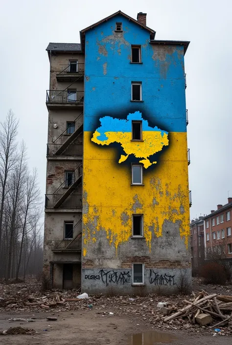 A bombed apartment block with a huge mural of the blue and yellow map of Ukraine in the style of graffiti on the gable wall