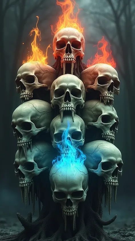 Nine skull with each has different colour flame