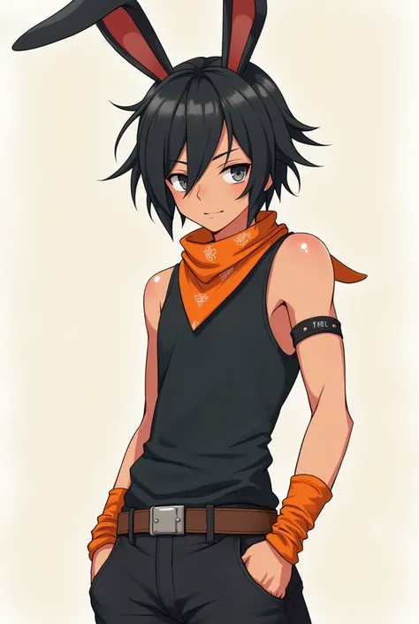 Narancia is a gangly teenage boy of average height. With a ish face and messy dark hair with a fringe over his eyes. He wears a dark, slim tank top and pants. He has orange accessories, including a bandana, wrist bands, and a short skirt. He as bunny ears ...