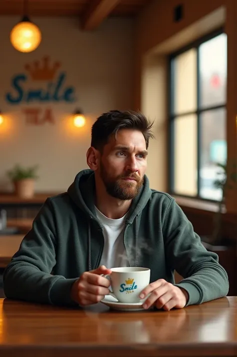 Lionel messi with a cup of tea and in cafe name “ smile tea”