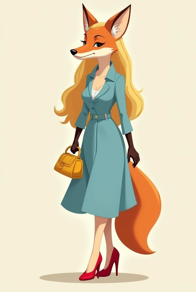 Fox in light blue dress with red high heels, blond long hair , brown short full beard and small yellow handbag. 