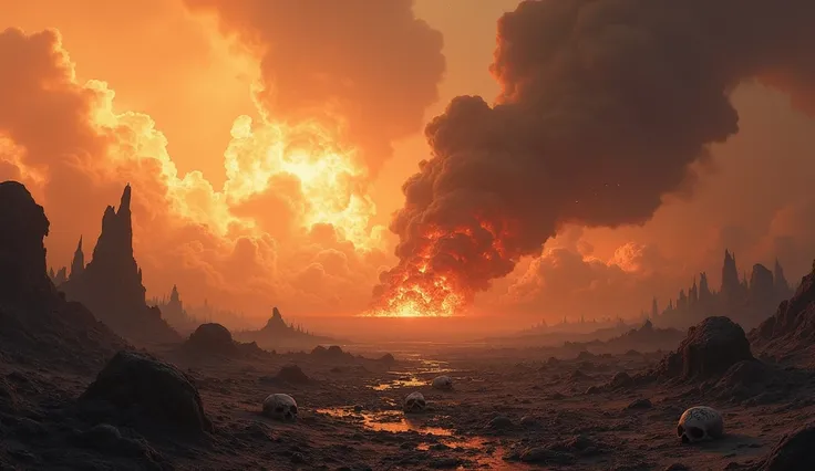  HIGH QUALITY, 8K ultra HD, Warhammer 40000 landscape destroyed without life , with skulls on the ground ,  fire and ash all over the landscape and with a firestorm in the sky