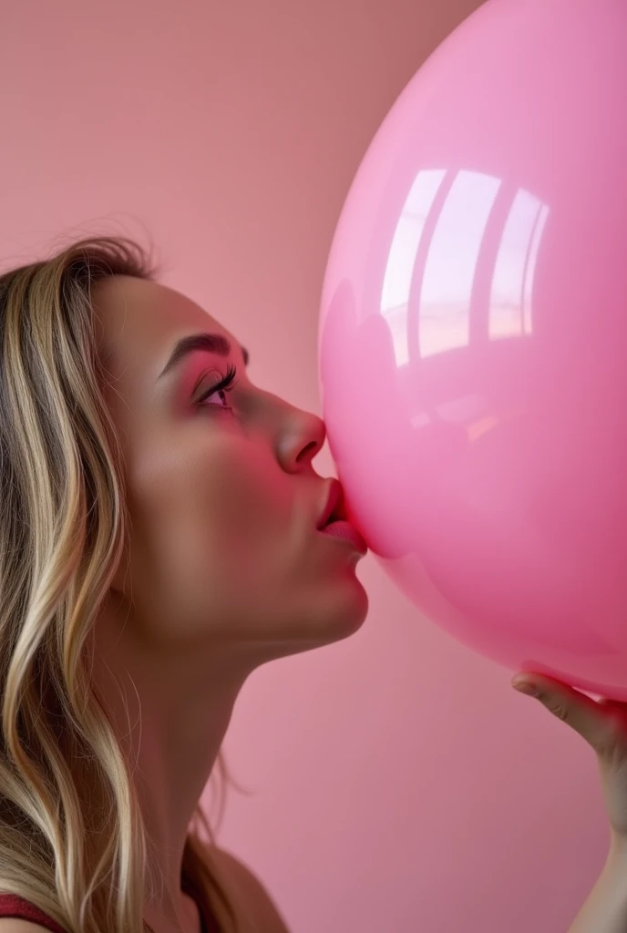 masterpiece), best quality, expressive eyes, perfect face, sexy nake women, Balloon blowing by mouth, blowing into huge balloon with her breath, trying to pop the massive overinflated pink balloon, blowing into a balloon by mouth untill it bursts, struggli...