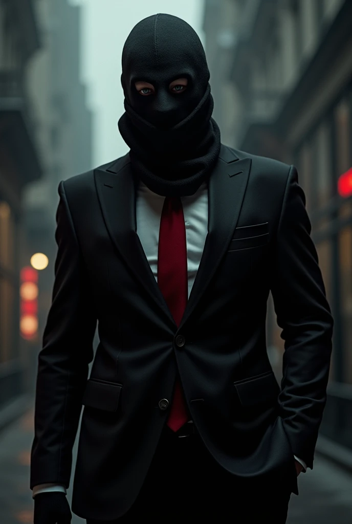 Secret agent in a black suit and red tie with a ski mask that covers his entire head and does not allow his mouth to be seen