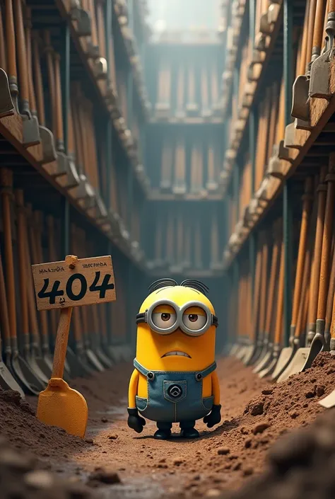  Make me a picture of a Minion in a large shovel warehouse with a shovel in front and back that is in a crater, In front of him is a sign with 404 