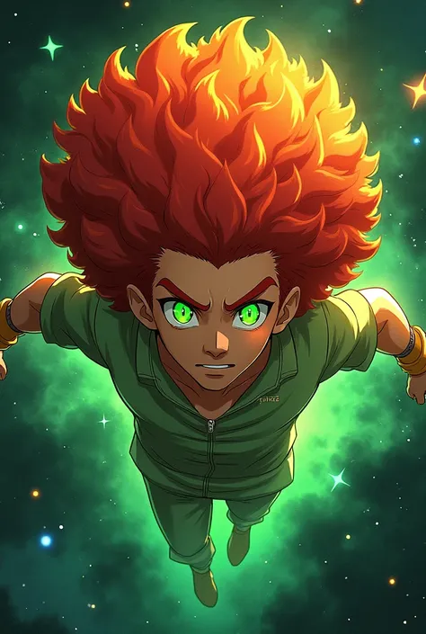 anime male, huge red, curly afro, light golden skin, green eyes, light green sclera, tamaranean, flying, green aura, space