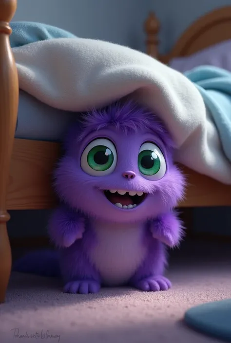 Create an image with a furry purple monster with green eyes and a friendly face under a boys bed  