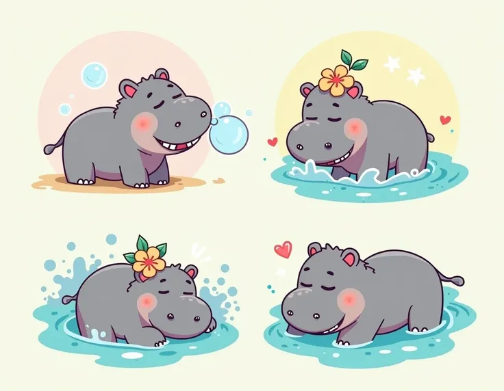 Cheerful hippos with simple features, one blowing bubbles, another splashing in water, one with a flower on its head, and one sleeping. Include flat-color backgrounds to make them pop as stickers.