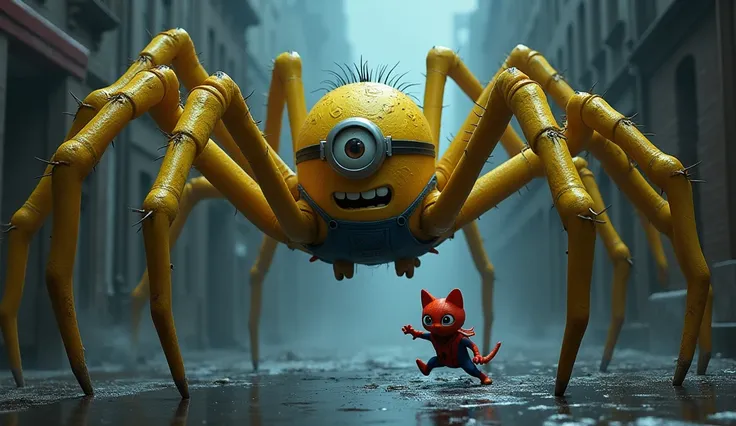  a gaint yellow spider having head of yellow Minion character fighting with a brave gentleman cat wearing spider Man uniform at creepy night street