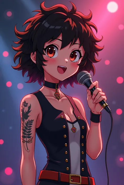  capture of panta
Anime My Hero Academia
A young woman,  short curly brown hair ,  brown eyes with attractive black outlines,  tattoos on the arms , Dressed as an idol, Singer on a full-bodied stage
My Hero Academia
Bonos studios