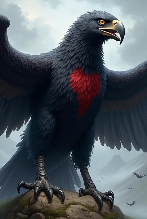 It creates an image of a huge and dangerous bird, perfect for a medieval fantasy bestiary. This creature has an imposing body, with wings that extend further than a man can measure, covered in dark, razor-sharp feathers. Its beak is long and curved, capabl...