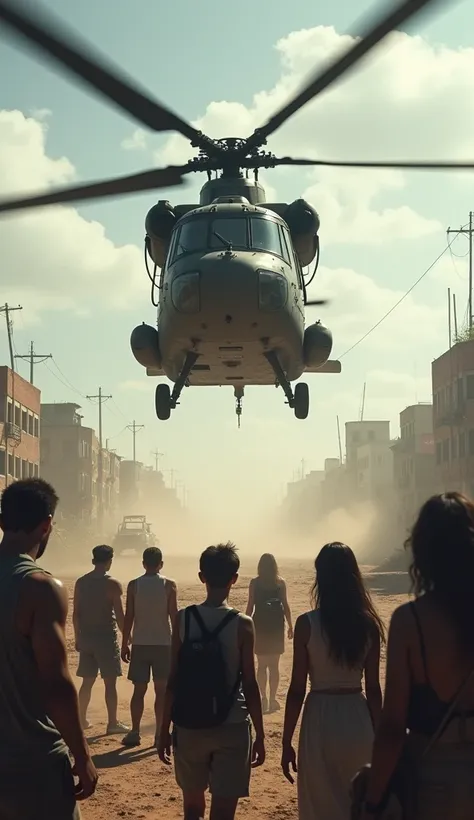 "A hope on the horizon :  a group of survivors observe a military helicopter landing in a safe place."