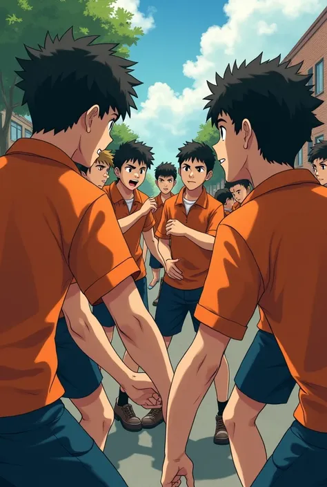 Group of ren beat two ren in orange polo shirts at school
