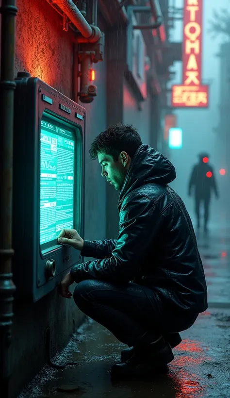 "Create a hyper-realistic image of a hidden terminal embedded in a grimy wall of the cyberpunk city. The man crouches before the terminal, his hands hurriedly connecting a glowing holographic drive to an exposed port. His fiber-carbon jacket glistens with ...