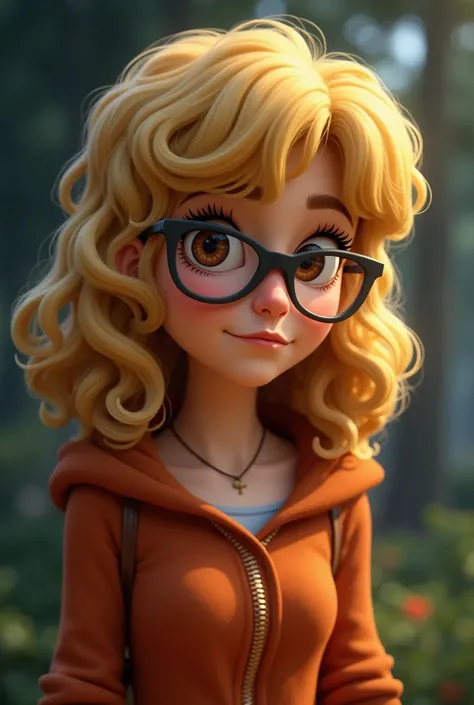 dark blond, with curly hair, Medium hair,  brown eye color a bit dark and light, Wearing glasses and being  ,  being from the Scooby Doo gang 
