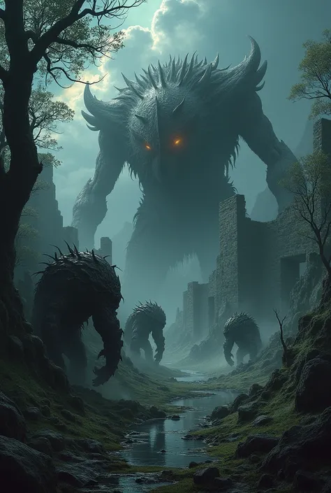 A dark, ominous landscape with towering, twisted trees and ancient, decaying ruins. The sky is filled with dark, stormy clouds, casting an eerie, dim light over the scene. In the foreground, massive, grotesque creatures inspired by Elden Ring roam. These c...