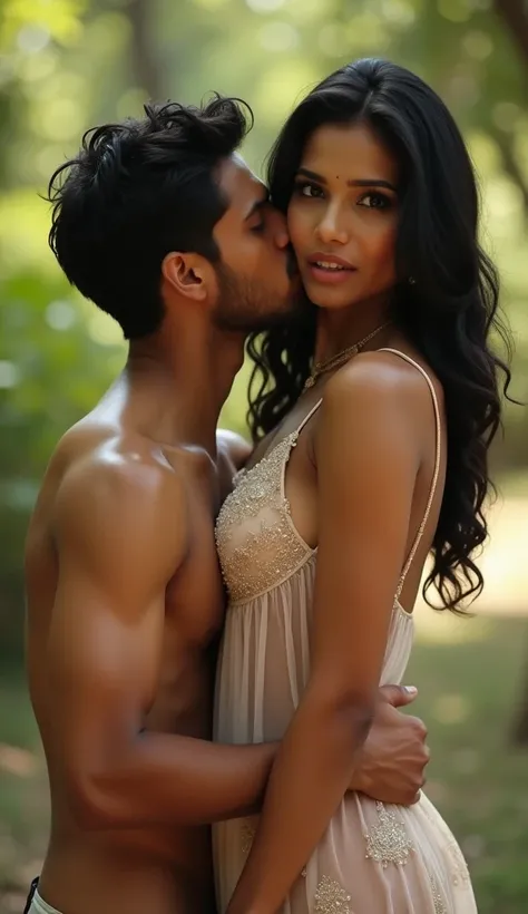 Realestic, cinematic adult photohraphy,outdoor photography, camera angle on side viewing,full body show, A beautiful 40 year old  indian milf, black wavy hair, big breast, big booty, shes wearing  a Indian nighty, deep clevage show, transparent thighs, slu...