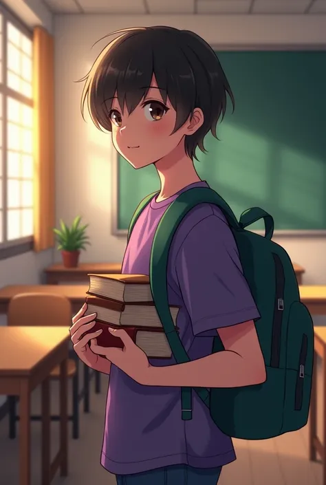 Teenager with backpack,  with books in hand , with classroom background ,  with purple or green shirt ,  atmospheric lighting,  warm colors , practical, Photographic,  vibrant colors, picturesque,  Artwork ,  Best Quality , 8K,  style,  realistic anime sty...