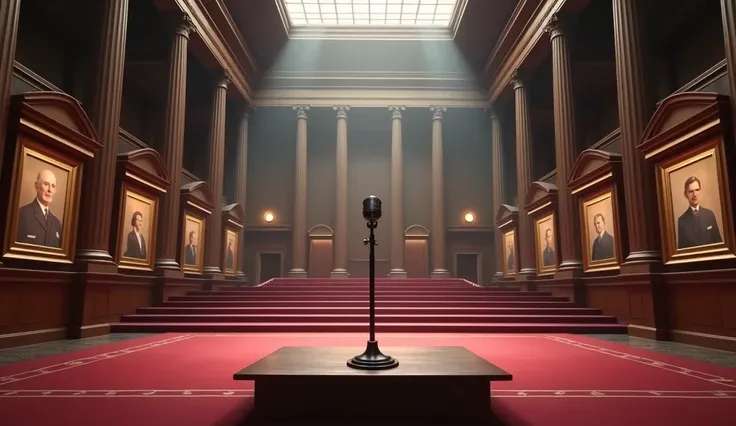 "A grand hall prepared for an announcement, with historical displays and a microphone set at the front of the stage."
