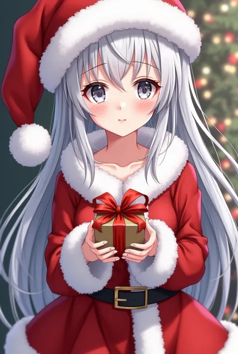 A well-formed woman in anime version with silver eyes and silver hair in a Santa Claus costume with a gift in hand