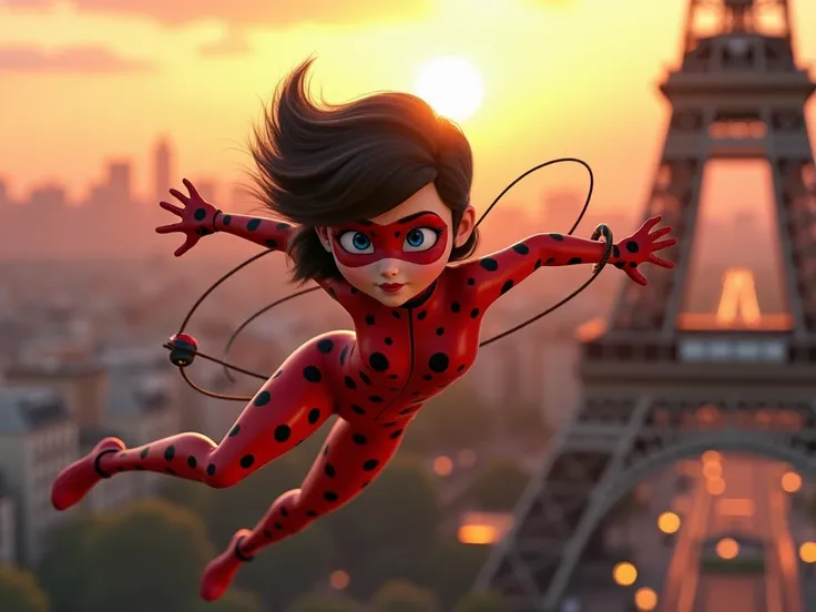 "Create a dramatic 3D image of Miraculous Ladybug falling from the Eiffel Tower. She is in mid-air, her body positioned dynamically as she reaches out with her yo-yo in an attempt to save herself. Her red and black polka-dotted suit contrasts against the P...