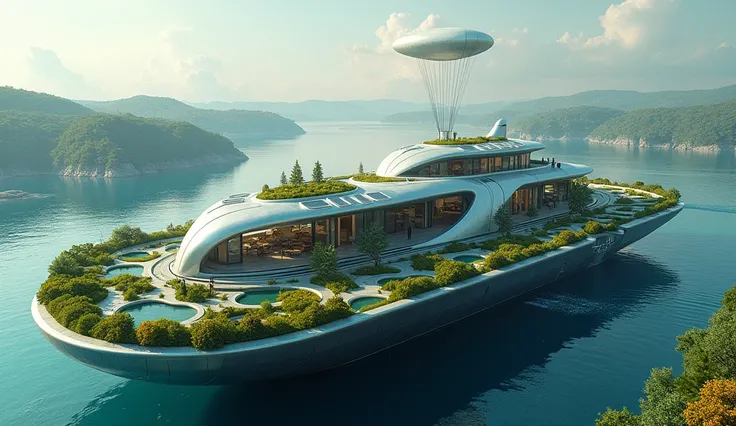 A seagoing futuristic floating island city, self-sufficient and sustainable, harnessing wind, solar, wave motion, and a small fusion reactor. The city features rounded homes to avoid wind resistance, sails for movement, and giant balloons or blimps for har...