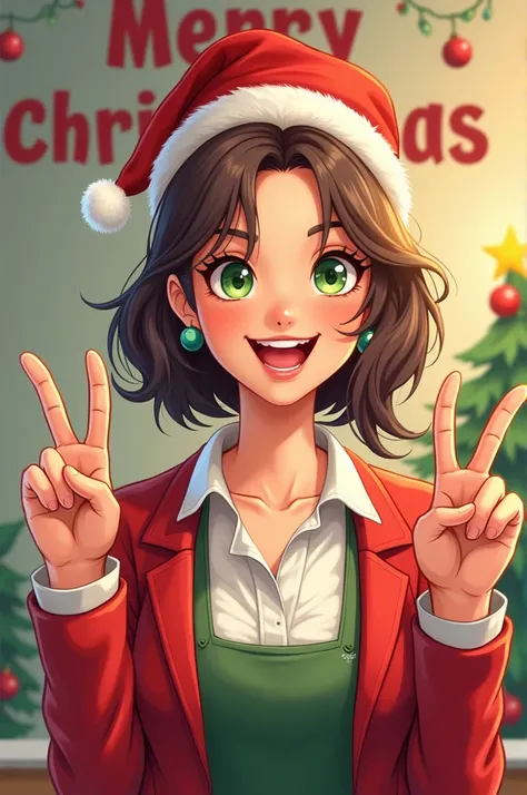 drawing of a young, beautiful and friendly teacher who loves reading books. green eyes, with her fingers she makes the victory sign. in the background written "Merry Christmas"