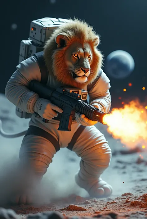 Lion in astronaut clothing Shooting an M60 in lunar space 