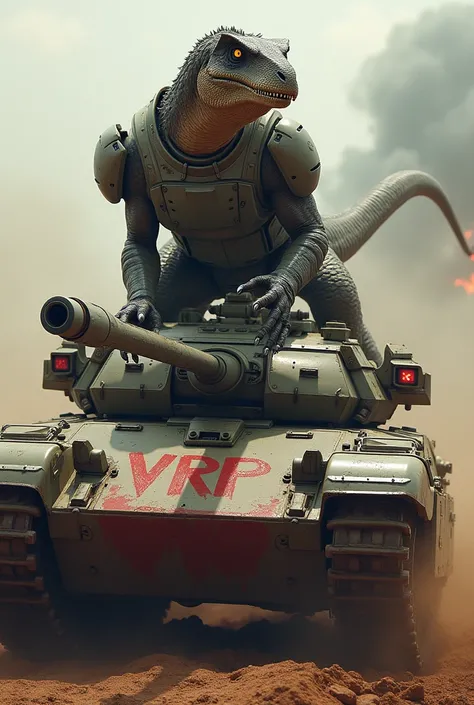 Create an image of a Raptor wearing combat armor with canons on his shoulders on a war tank in battle with the initials VRP engraved in blood on the tank 