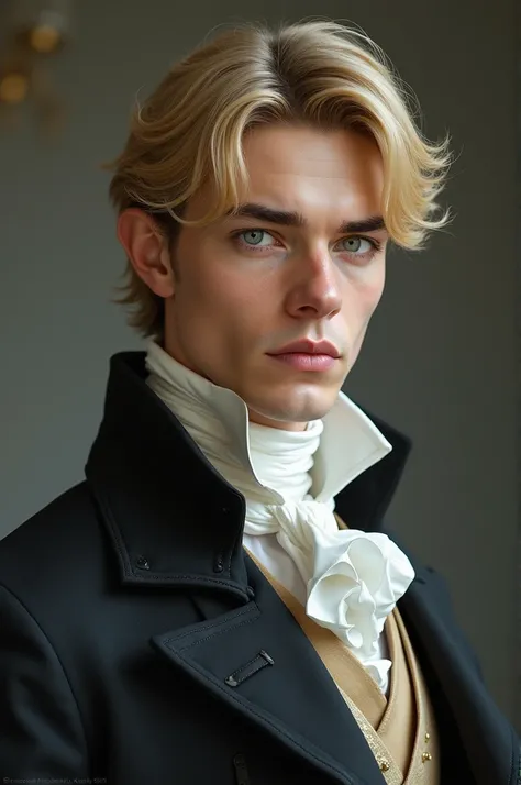 A guy with a pretty pale complexion, with golden blond hair, his eyes are crystal blue and has that royal duke vibes 