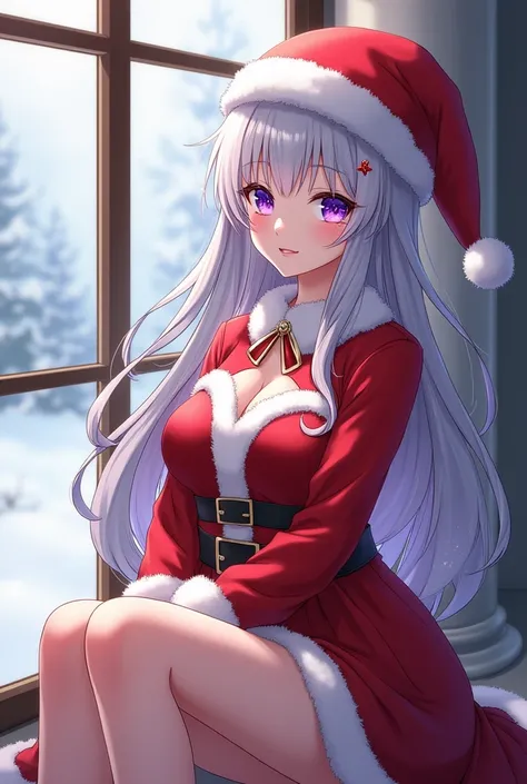 A beautiful woman in anime version with sparkling purple eyes and silver hair in a Santa Claus costume sitting by a window 