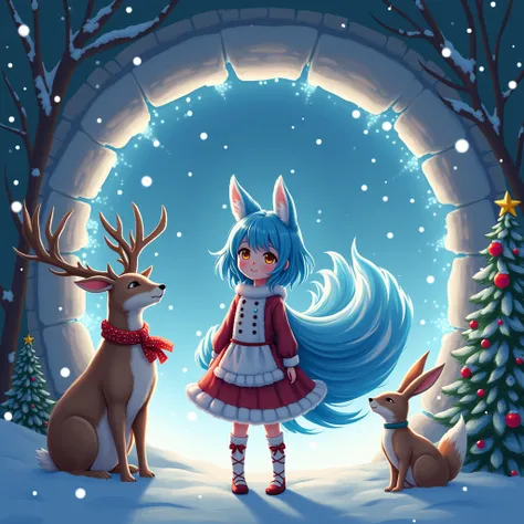 A girl with blue hair with fox ears with 9 tails opens the door to a helitvagina in a New Years costume next to a Christmas tree deer, its snowing in the car, a hare is sitting and looking at them