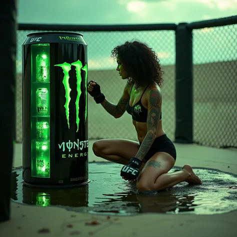  ultra maxi-detailed image of a pretty curly dark-haired woman with tattooed skin , Wear UFC clothing and UFC gloves , Kneeling down against a monster drinking machine in the middle of a hyper-detailed magical desert a puddle filled with cans of Monster en...