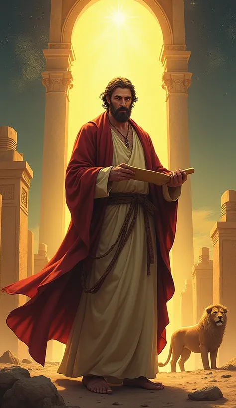 A detailed illustration of the biblical prophet Daniel, depicted as a wise and composed figure. He is portrayed standing in an ancient setting, holding a scroll or a book, symbolizing his prophetic visions. Behind him, faint imagery of lions and a glowing ...