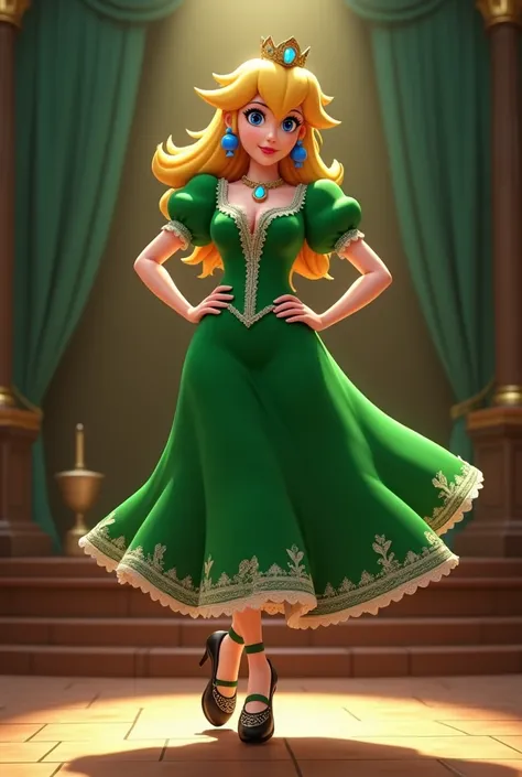 Princess peach in a traditional Irish dancer outfit and traditional black Irish dance shoes with silver Celtic knots performing a traditional Irish dance on stage, hands on hip