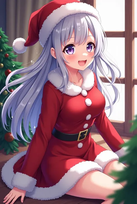 Une belle femme lair heureuse version anime avec des yeux violet étincelant et des cheveux argenter en costume de mère noël assisse près dune fenêtre le vent soufflant sur ses cheveux un sapin tout près delle 