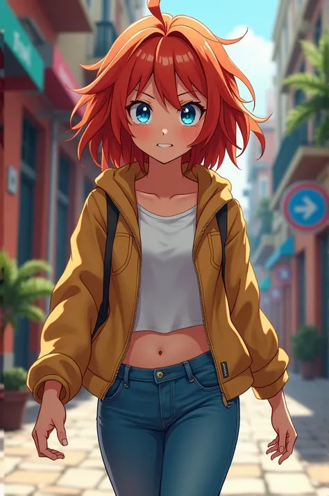 Create an anime girl who is called Emi 18 years old with red hair and blue eyes that she is angry and smiling on La Calle walking