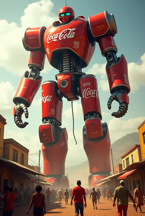 A robot made of 3-meter Coca-Cola cans attacking a town in Africa 