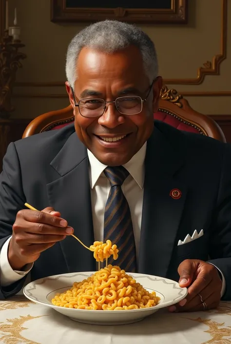 Draw me the President of the Malagasy Republic eating macaroni 