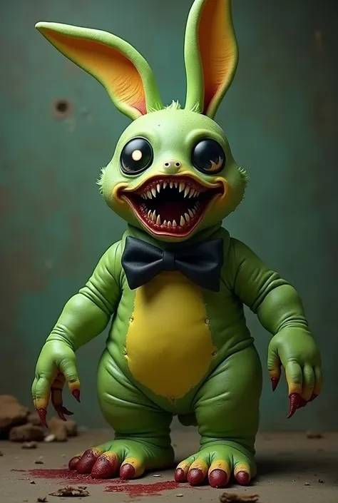 A realistic green giant evil rabbit monster, with long yellow arms and hands, and yellow feet, one of the feet worn out with some blood coming out, black eyes with a neon white polka dot, black bow tie, and long ears greens, deformed red mouth with thousan...