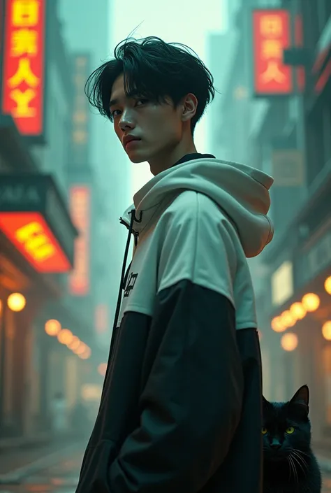 A korean youth Side parted hair Short, his face fully revealed, stands confidently amidst the cybernetic cityscape. Adorned in a white and black hoodie, he exudes a sense of urban style and intrigue. Soft orange and green lights gently illuminate the scene...