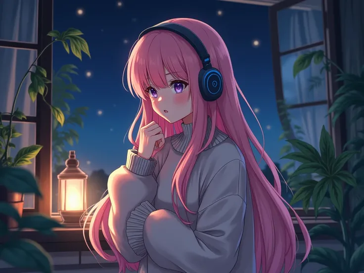  Uma long hair and pink, detailed anime ,  wearing a large sweater ,  wearing headband headphones, praise, quiet,  quiet vibes , creepy, in the room, many plants, night, quiet night, Cat,  masterpiece ,  best quality 